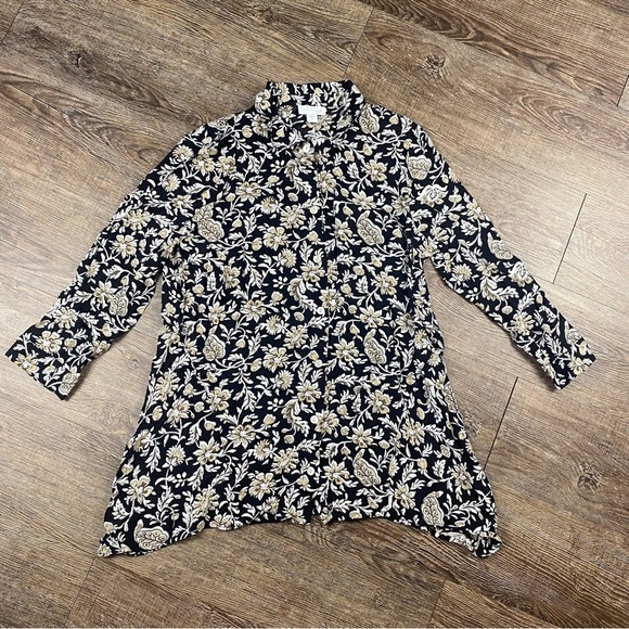 J. Jill Shirt Women Extra Small Black Ivory Paisley Button Down 3/4 Sleeve Rayon - Picture 1 of 5